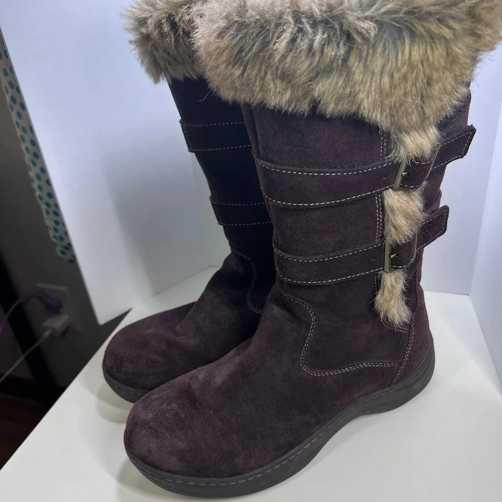 L.L. Bean Women's Size 8 Brown Suede Fur Lined‎ Winter Boots Zip Buckle